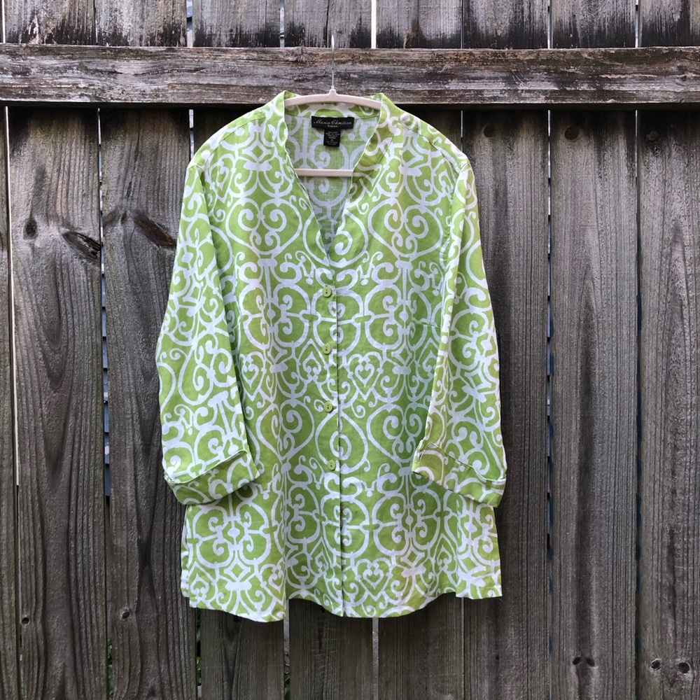 Marisa Christina 100% Linen Button Down Top Lime Green White Geometric Print